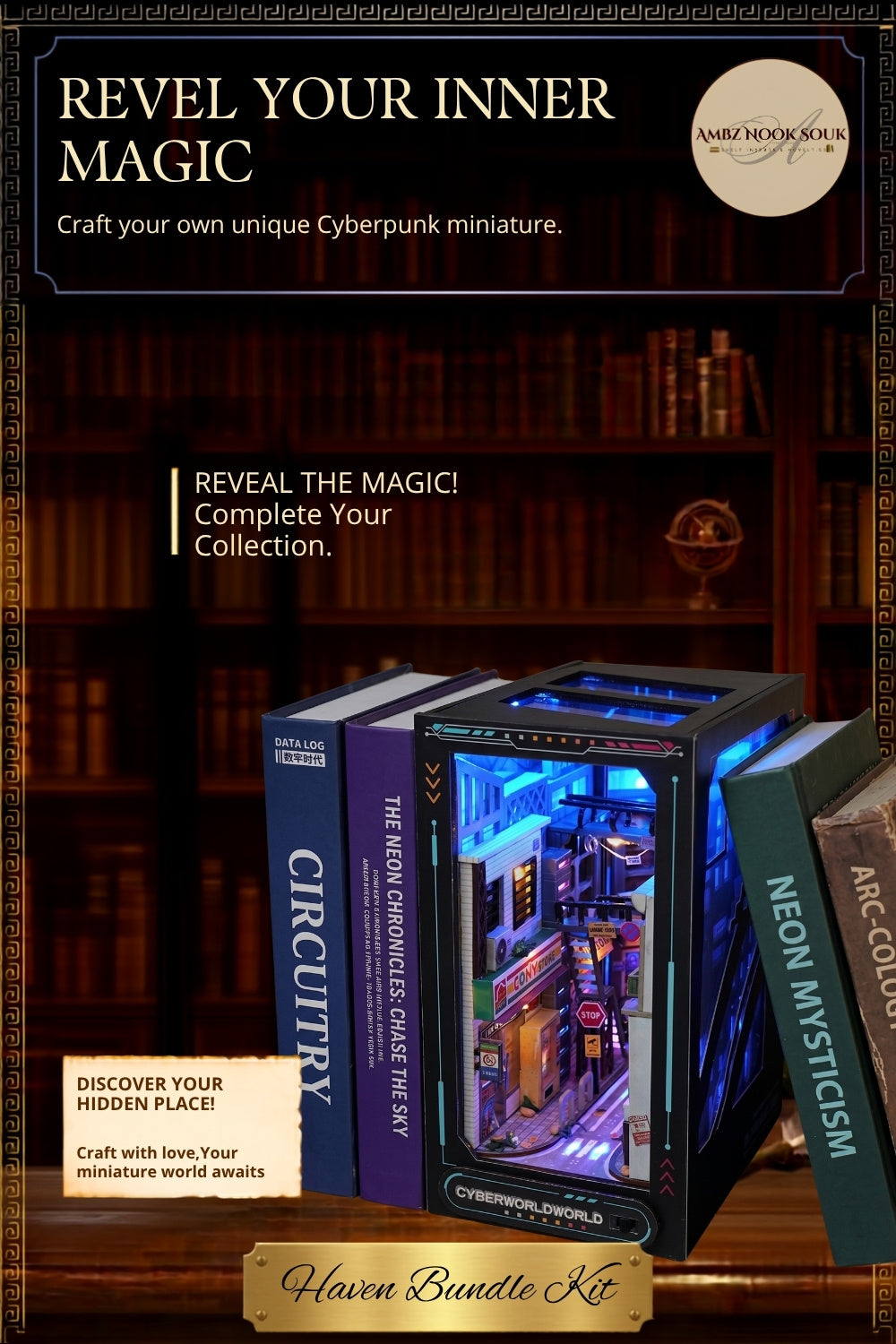 Cyberpunk Book Nook Kit – Neon Cityscape Miniature, Sci-Fi Gamer Decor