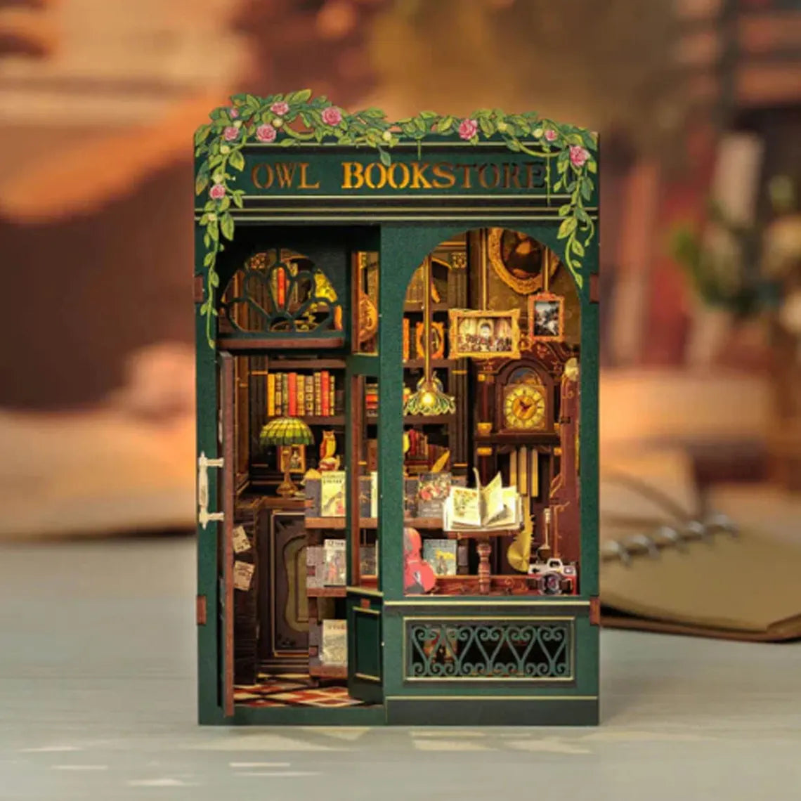 Illuminated Owl Bookstore Miniature Kit, DIY 3D Wooden Puzzle Book Nook with LED Lights for Dollhouse Decor