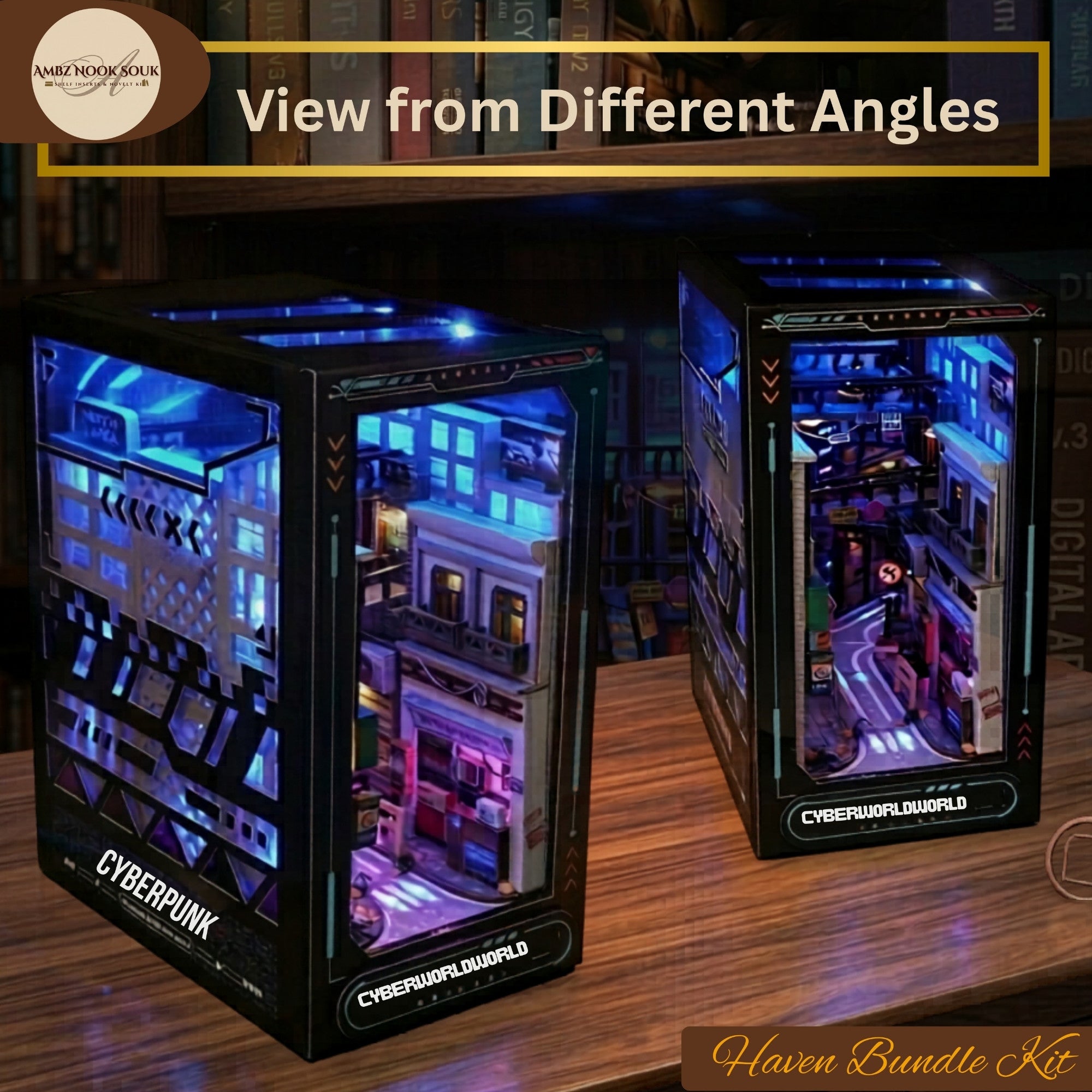 Cyberpunk DIY Book Nook Kit – Neon Cityscape LED Miniature | Ambz