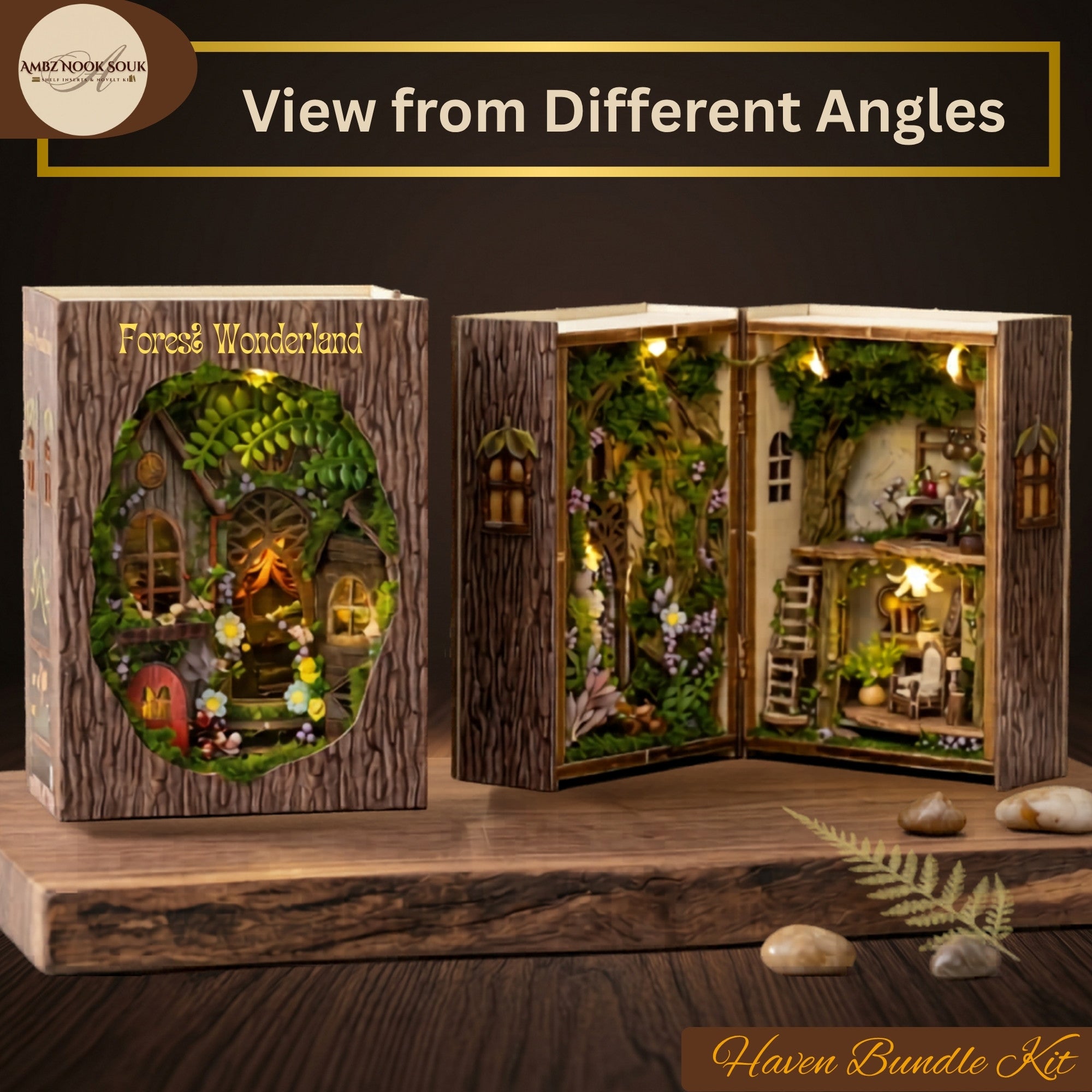 DIY Enchanted Forest Book Nook Kit – Wooden Bookshelf Insert Diorama, Magic Miniature Craft Gift
