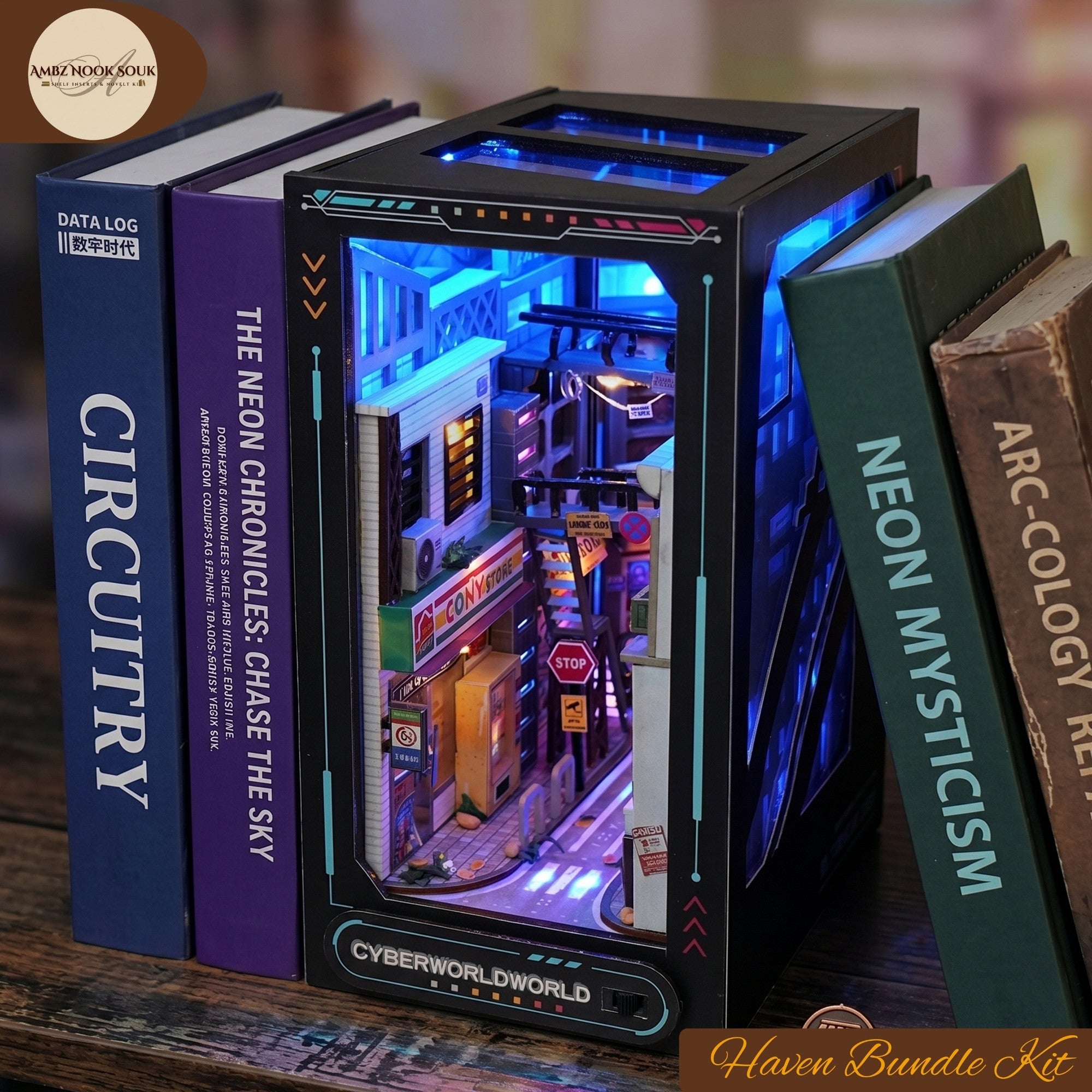Cyberpunk Book Nook Kit – Neon Cityscape Miniature, Sci-Fi Gamer Decor