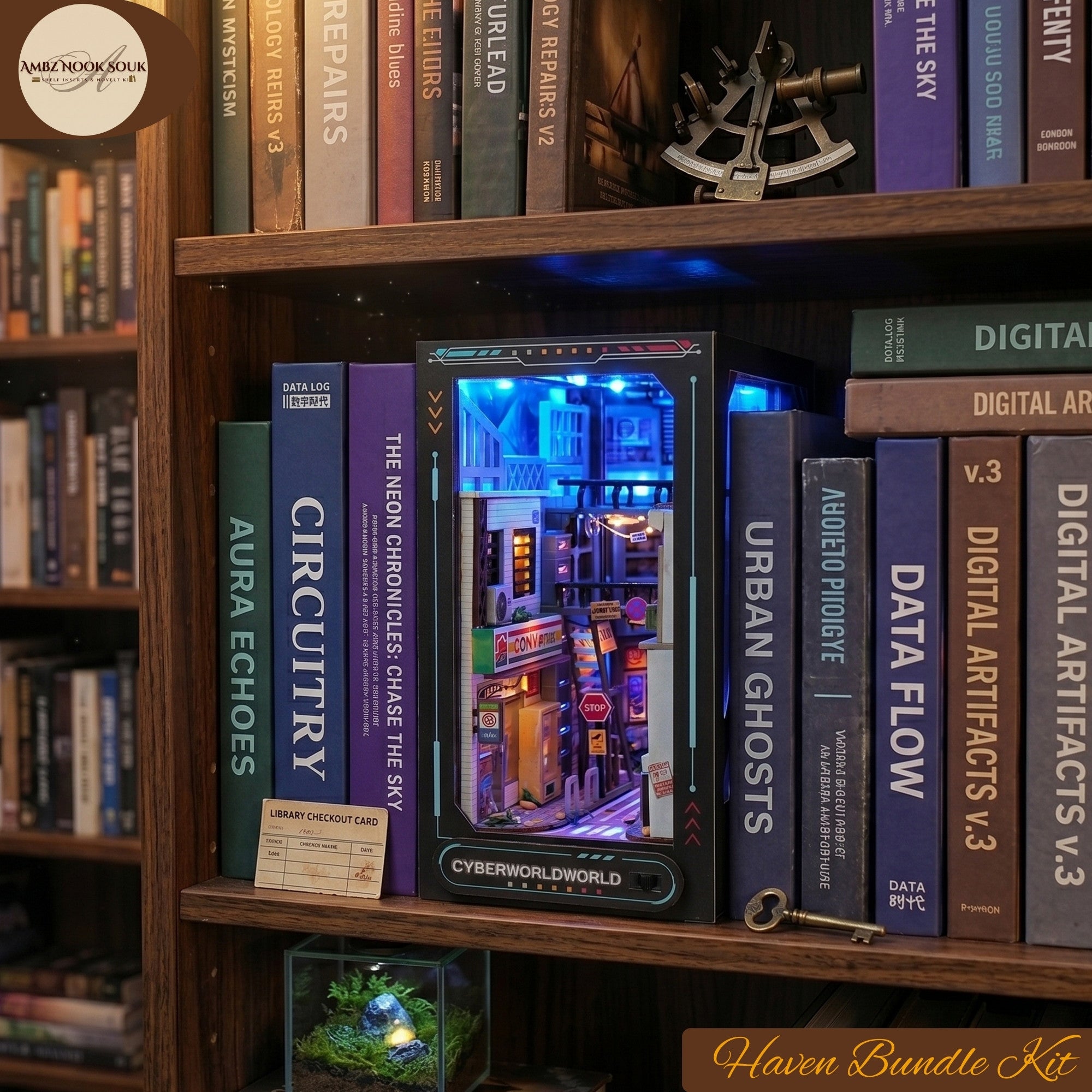 Cyberpunk Book Nook Kit – Neon Cityscape Miniature, Sci-Fi Gamer Decor