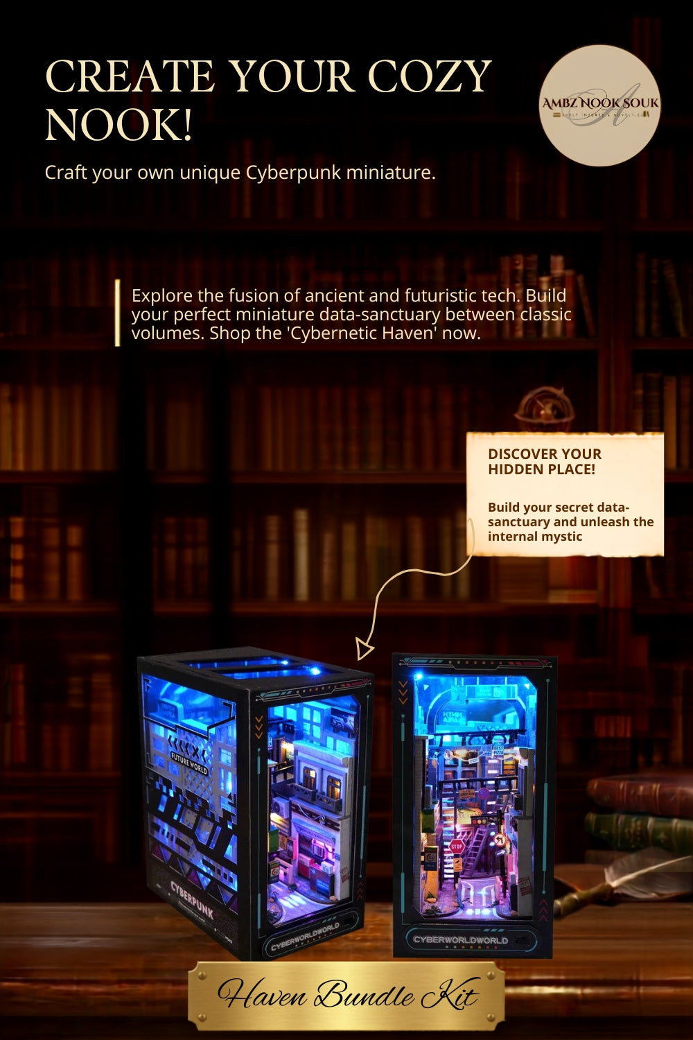 Cyberpunk Book Nook Kit – Neon Cityscape Miniature, Sci-Fi Gamer Decor