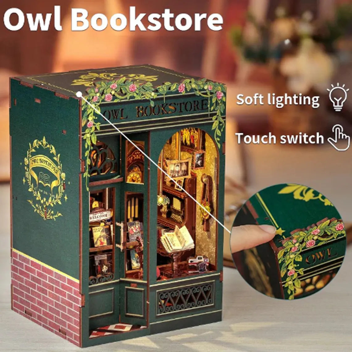 Illuminated Owl Bookstore Miniature Kit, DIY 3D Wooden Puzzle Book Nook with LED Lights for Dollhouse Decor