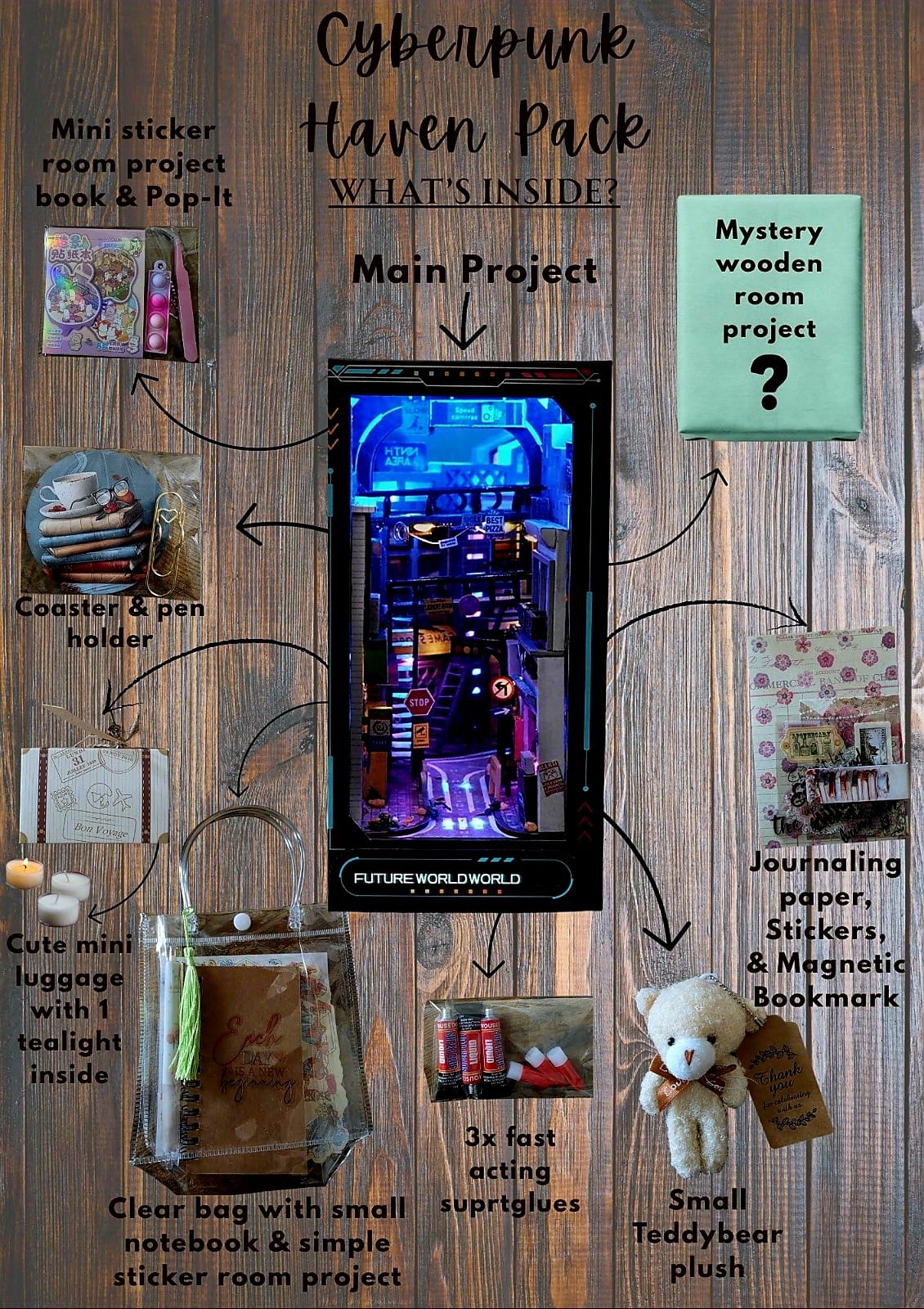 Haven Mystery Book Nook Bundle - 2-in-1 DIY Miniature Kit & Cozy Gift Set with Artisan Candle, Mystery Book, and Plush Bear