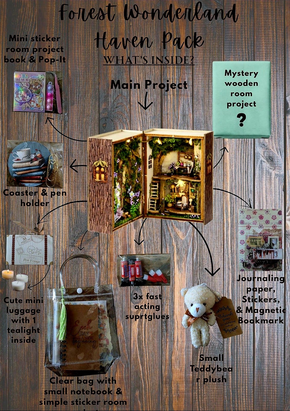Haven Mystery Book Nook Bundle - 2-in-1 DIY Miniature Kit & Cozy Gift Set with Artisan Candle, Mystery Book, and Plush Bear