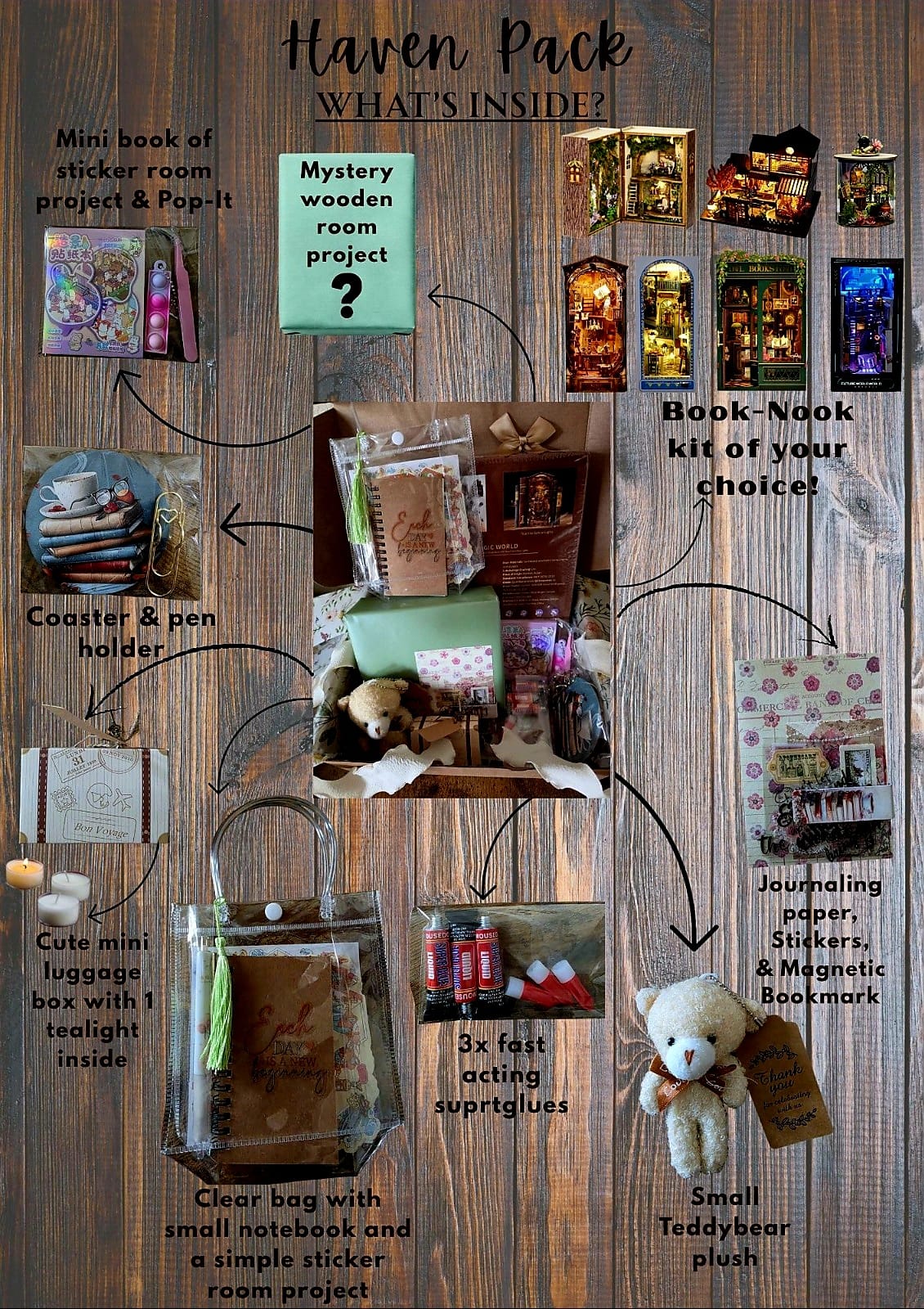 Haven Mystery Book Nook Bundle - 2-in-1 DIY Miniature Kit & Cozy Gift Set with Artisan Candle, Mystery Book, and Plush Bear