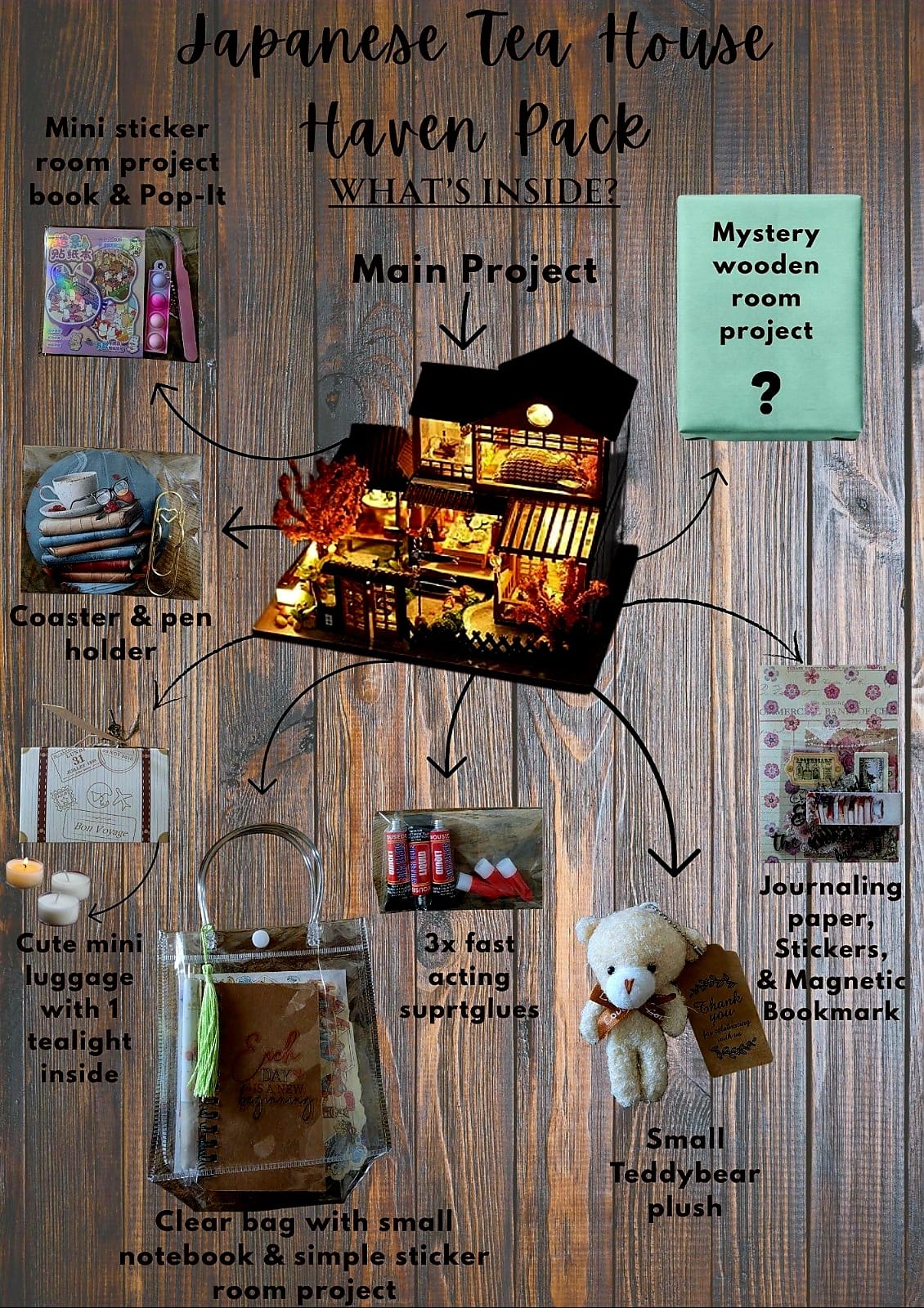 Haven Mystery Book Nook Bundle - 2-in-1 DIY Miniature Kit & Cozy Gift Set with Artisan Candle, Mystery Book, and Plush Bear
