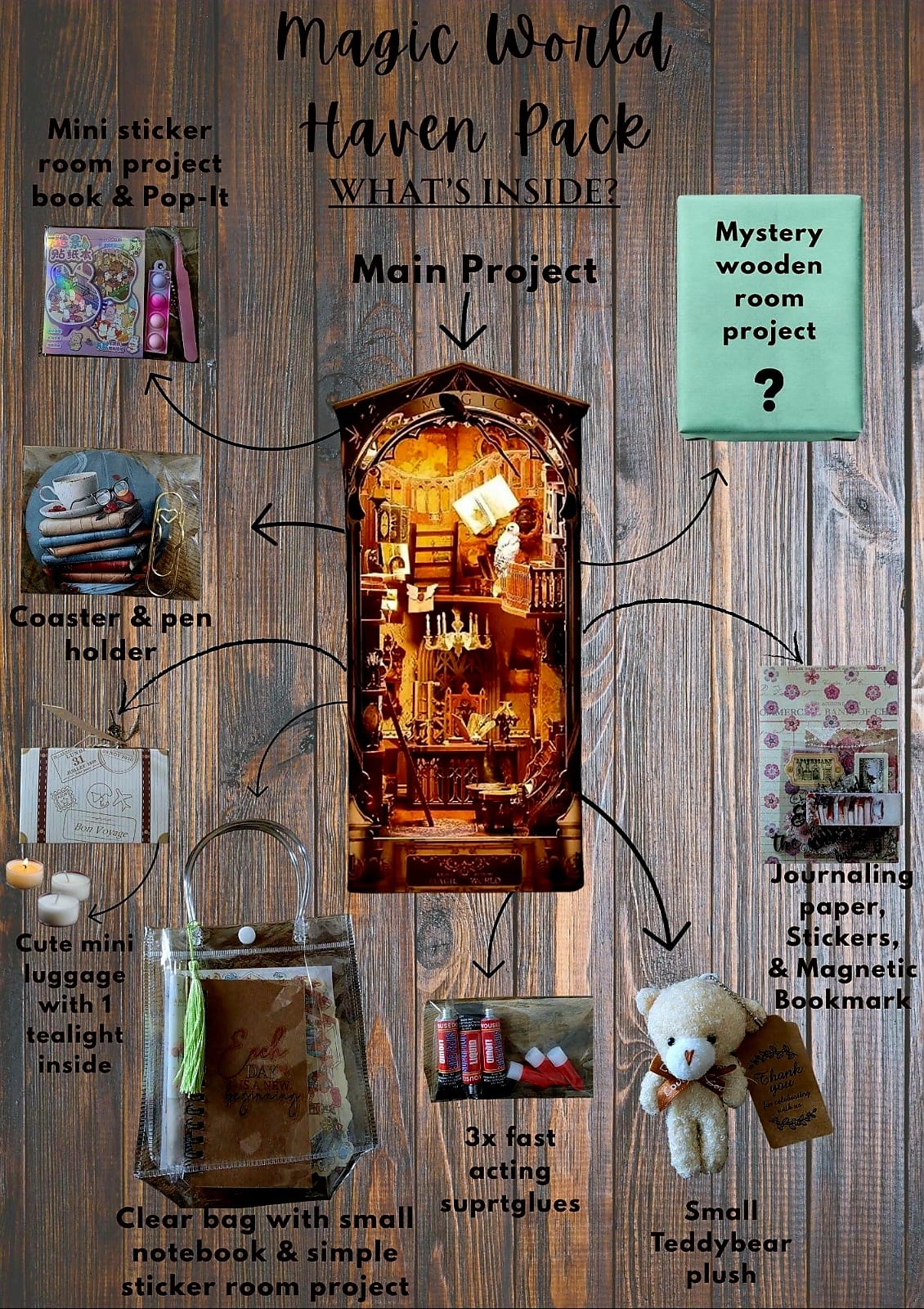 Haven Mystery Book Nook Bundle - 2-in-1 DIY Miniature Kit & Cozy Gift Set with Artisan Candle, Mystery Book, and Plush Bear