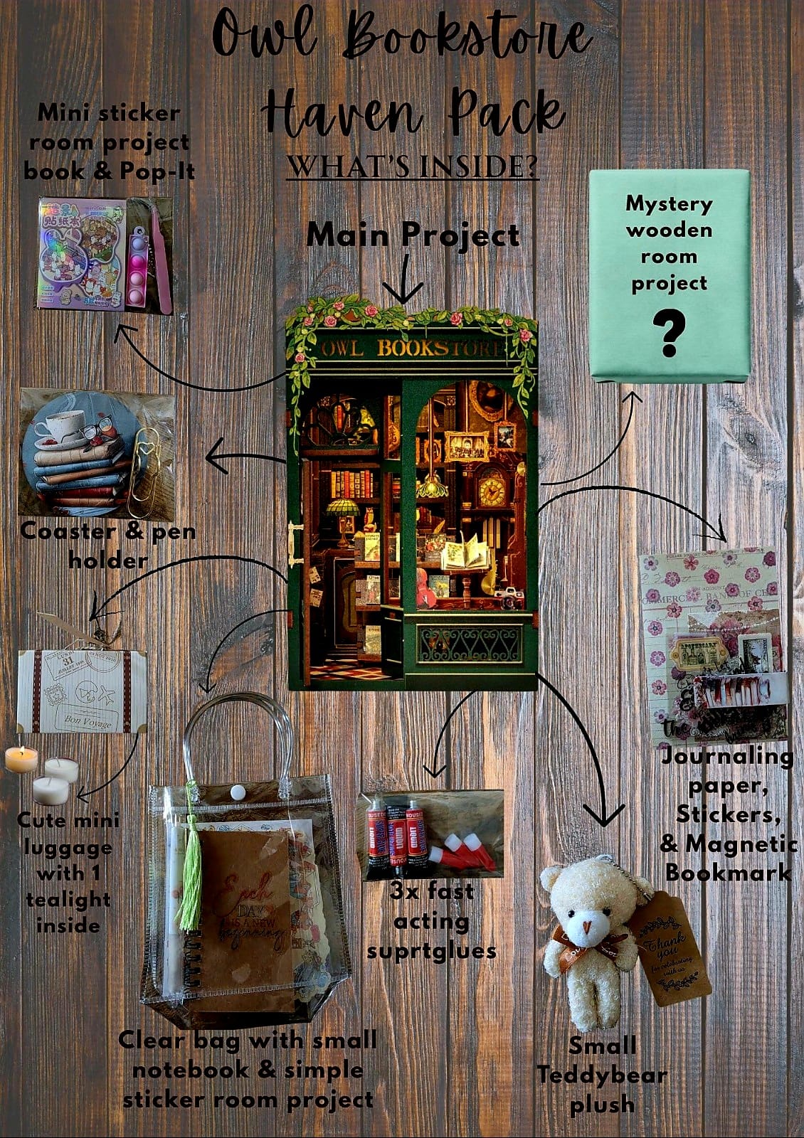 Haven Mystery Book Nook Bundle - 2-in-1 DIY Miniature Kit & Cozy Gift Set with Artisan Candle, Mystery Book, and Plush Bear