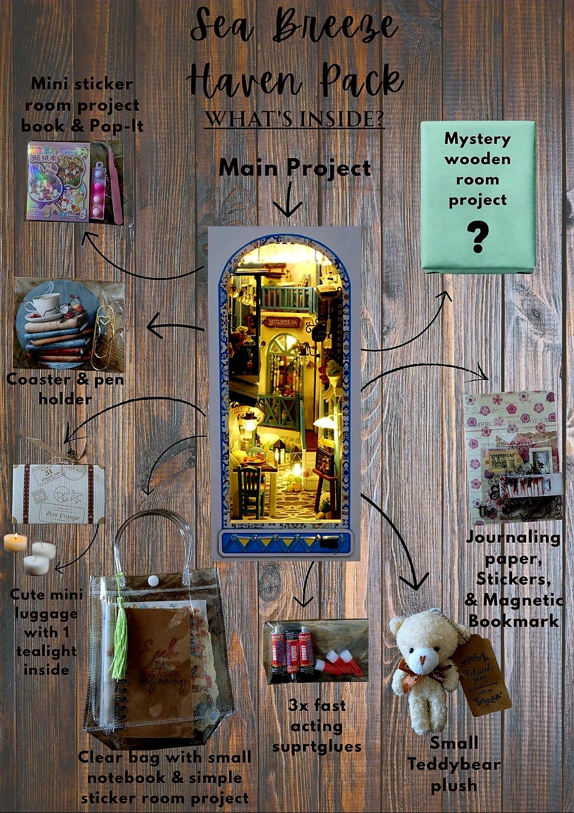 Haven Mystery Book Nook Bundle - 2-in-1 DIY Miniature Kit & Cozy Gift Set with Artisan Candle, Mystery Book, and Plush Bear
