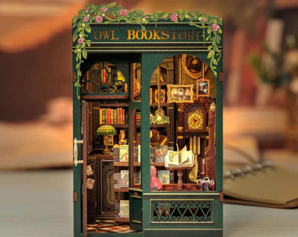 Owl Bookstore DIY Book Nook Kit – Dark Academia Miniature with LED Lights