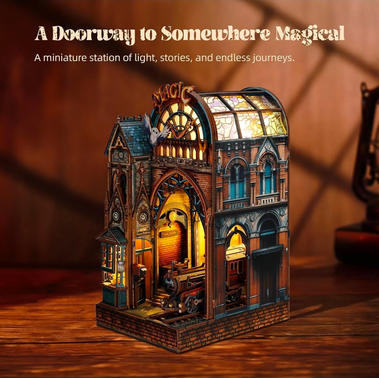 Magic Station Book Nook Kit | DIY 3D Wooden Puzzle Shelf Insert