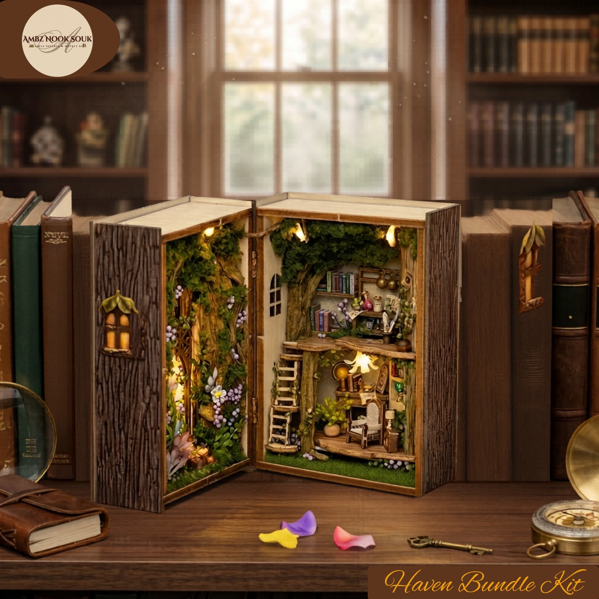 DIY Enchanted Forest Book Nook Kit – Wooden Bookshelf Insert Diorama, Magic Miniature Craft Gift
